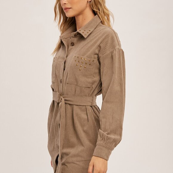HEM & THREAD Taupe Corduroy Belted Shirt Dress, Stud Detail Utility Style - Picture 6 of 8